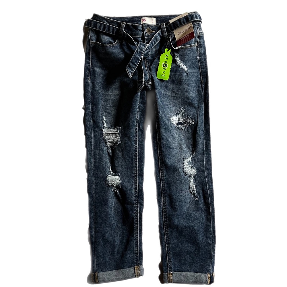 NWT Girls Youth SO Jeans Belted (removable) Girlfriend Jeans size 8 mid rise